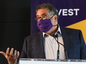 Calgary Mayor Naheed Nenshi speaks at a Opportunity Calgary Investment Fund announcement in the East Village on Wednesday, July 22, 2020.