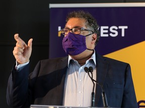 Calgary Mayor Naheed Nenshi speaks at an Opportunity Calgary Investment Fund announcement in the East Village on Wednesday, July 22, 2020.