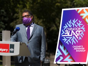 Calgary Mayor Naheed Nenshi announces a new winter festival called Chinook Blast in Olympic Plaza on Monday, July 27, 2020.
