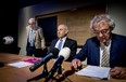 Former Ajax football club physiotherapist and Holocaust victim Salo Muller (L), chairman of a commission that proposed reparations Job Cohen (C) and president director of the Dutch national rail company NS Roger van Boxtel (R) attend a press conference to announce compensation for Jews transported to Nazi death camps during World War II, in Utrecht on June 26, 2019.