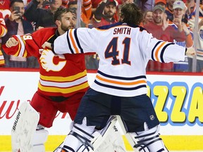 Calgary Flames goalie Cam Talbot and Edmonton Oilers counterpart Mike Smith square off at the Saddledome in Calgary on Feb. 1, 2020.  Gavin Young/Postmedia