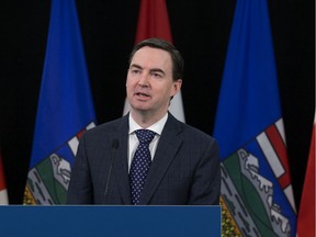 Minister of Labour and Immigration Jason Copping announces changes to the Employment Standards Code, during a press conference in Edmonton Monday April 6, 2020. Photo by David Bloom.