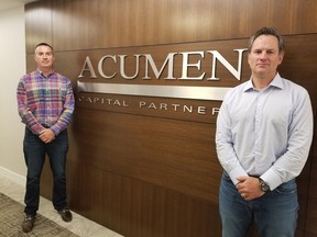 Kelly Hughes, left, head of investment banking, and Bran Parker, president and CEO, of Acumen Capital Partners. The boutique investment firm is celebrating 25 years in Calgary.
