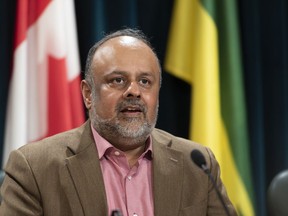 Saskatchewan's Provincial Chief Medical Health Officer Dr. Saqib Shahab speaks during an update on COVID-19 at the Legislative Building in Regina on Wednesday March 11, 2020. Saskatchewan's top doctor says his advice on wearing masks to protect against COVID-19 could change in the coming months.