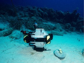 A remotely operated underwater vehicle (ROV) is seen near the ancient shipwreck of Peristera islet, off the shores of the island of Alonnisos, Greece, June 25, 2020.