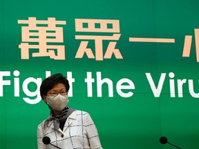 Hong Kong Chief Executive Carrie Lam, wearing a protective mask, speaks during a news conference on the COVID-19 outbreak in Hong Kong, July 13, 2020.