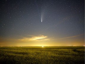 Comet Neowise over a field of canola near Carmangay, Ab., on Monday, July 20, 2020.