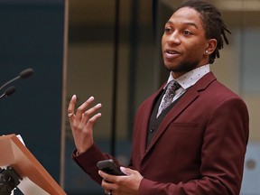 Adam Massiah addresses the City of Calgary’s anti-racism hearing in council chambers on Wednesday, July 8, 2020.