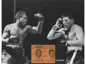 ARCHIE MOORE (LEFT) AND YVON DURELLE FOUGHT FOR WORLD LIGHT HEAVYWEIGHT TITLE AT THE FORUM ON DEC. 10, 1958