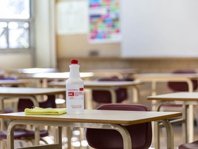 Sanitizers are provided for the students and teachers in a classroom in Henry Wise Wood High School on Friday, August 28, 2020.