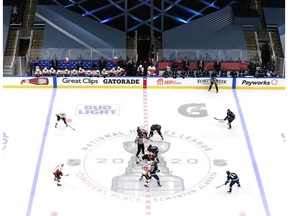 EDMONTON, ALBERTA - AUGUST 04: The Calgary Flames and the Winnipeg Jets face off to start the third period in Game Three of the Western Conference Qualification Round prior to the 2020 NHL Stanley Cup Playoffs at Rogers Place on August 04, 2020 in Edmonton, Alberta.