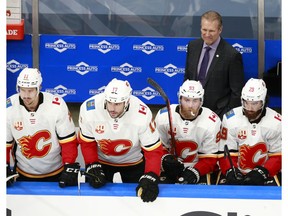 EDMONTON, ALBERTA - AUGUST 04: Interim head coach Geoff Ward of the Calgary Flames looks on from the bench in the third period against the Winnipeg Jets in Game Three of the Western Conference Qualification Round prior to the 2020 NHL Stanley Cup Playoffs at Rogers Place on August 04, 2020 in Edmonton, Alberta.