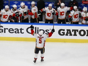 The Flames’ Mark Giordano celebrates an empty-net goal by teammate Sean Monahan (not pictured) against the Winnipeg Jets in Calgary’s series-clinching 4-0 victory at Rogers Place in Edmonton on Aug. 6, 2020. Jeff Vinnick/Getty Images