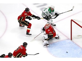 Goaltender Cam Talbot of the Calgary Flames tends goal against the Dallas Stars during the third period in Game 4 of the NHL's Western Conference quarterfinal in the 2020 Stanley Cup Playoffs at Rogers Place on August 16, 2020 in Edmonton.