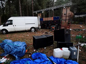 Equipment is seen at Thetford Forest after police shut down a suspected illegal rave, in Norfolk, Britain, August 30, 2020.