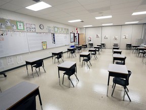 Desks positioned for physical distancing are seen inside a St. Marguerite School classroom in New Brighton on Tuesday, Aug. 25, 2020.