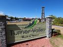 A Turner Valley sign in the town center was photographed on Tuesday, August 25, 2020.  Turner Valley and nearby Black Diamond are beginning the final process of merging.