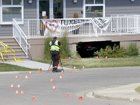 Calgary police investigate after a car crashed into the Tuxedo Community Association Hall at 2nd Street and 29th Avenue N.E., seriously injuring the driver. The car was reportedly fleeing police at the time of the crash on Tuesday, Aug. 18, 2020.