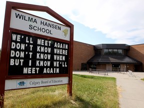 Sign outside Wilma Hansen School in southeast Calgary on Wednesday, Aug. 19, 2020.