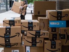 A stack of Amazon packages in New York.