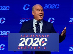 Conservative Party of Canada Leader Erin O'Toole speaks after his win at the 2020 Leadership Election, in Ottawa, Ontario, Canada August 24, 2020.