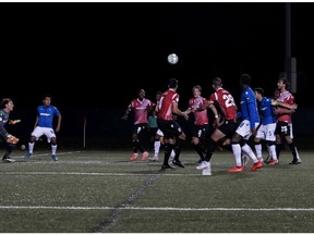 Canadian Premier League - FC Edmonton vs Cavalry FC - Charlottetown, PEI- Aug 20, 2020]. Cavalry FC with an opportunity in front of the goal.