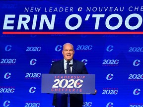 Conservative Party Leader Erin O'Toole speaks after his win at the 2020 leadership election, in Ottawa on Sunday, Aug. 23, 2020.