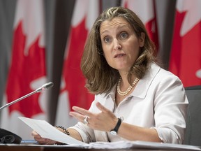 Deputy Prime Minister and Minister of Finance Chrystia Freeland responds to a question during a news conference Thursday, Aug. 20, 2020 in Ottawa.
