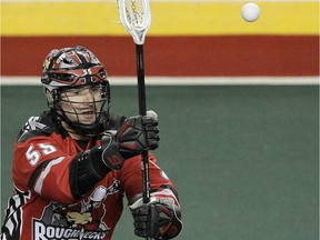 Roughnecks Mitch Wilde makes a pass during the 1st half of action as the Calgary Roughnecks take on the New York Riptide at the Saddledome.  Saturday, February 8, 2020. Brendan Miller/Postmedia