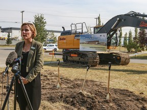 Carrie Fritz, executive director for the Calgary Humane Society, speaks with media at the ground-breaking ceremony for the organization's facility enhancement project on Thursday, Aug. 20, 2020.