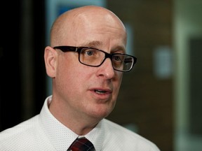 Alberta Teachers' Association President Jason Schilling speaks with the media during a break at the North Central Teachers Convention at the Edmonton Convention Centre on Thursday, Feb. 6, 2020. Photo by Ian Kucerak/Postmedia