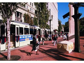 Portland's Pearl District, like Calgary's East Village, is now home to comfortable and inviting public spaces.