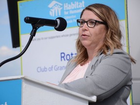 Grande Prairie MLA Tracy Allard speaks during a celebration for a Habitat for Humanity project on Thursday, Aug. 6, 2020. Allard was named Alberta's new minister of municipal affairs on Tuesday.