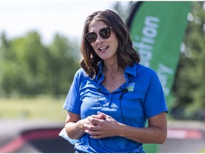 Sheila Taylor, Parks Foundation Calgary CEO, speaks at the opening of South Glenmore Park's pump track on Friday, August 14, 2020. The pump track is open to public and suitable for riders of all ages and skill levels.  Azin Ghaffari/Postmedia