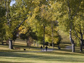 People take a walk on a pleasant autumn morning in Confederation Park on Friday, September 25, 2020.