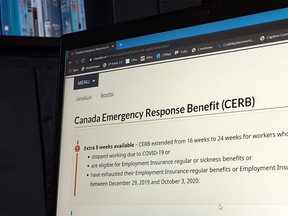 CP-Web.  The landing page for the Canada Emergency Response Benefit is seen in Toronto, Monday, Aug. 10, 2020. As the CERB winds down starting this weekend, employment insurance will start taking its place and a new suite of benefits that won't exist unless approved by Parliament.
