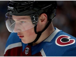 DENVER, COLORADO - APRIL 17: Cale Makar #8 of the Colorado Avalanche plays the Calgary Flames during Game Four of the Western Conference First Round during the 2019 NHL Stanley Cup Playoffs at the Pepsi Center on April 17, 2019 in Denver, Colorado.