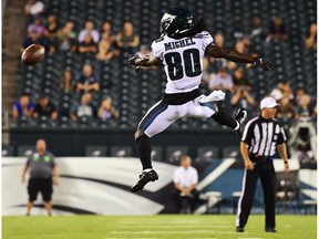 PHILADELPHIA, PA - AUGUST 08: Marken Michel #80 of the Philadelphia Eagles can't haul in a reception against the Tennessee Titans during the fourth quarter of a preseason game at Lincoln Financial Field on August 8, 2019 in Philadelphia, Pennsylvania. The Titans defeated the Eagles 27-10.