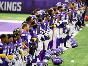 MINNEAPOLIS, MINNESOTA - SEPTEMBER 13: The Vikings line up before the game against the Green Bay Packers at U.S. Bank Stadium on September 13, 2020 in Minneapolis, Minnesota.