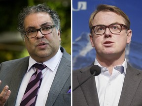 Calgary Mayor Naheed Nenshi (L) and Minister of Health Tyler Shandro (R).