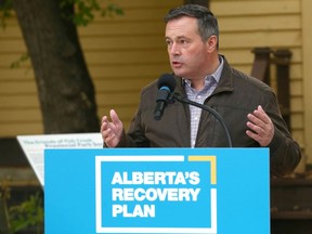 Alberta Premier Jason Kenney is pictured at Fish Creek Park in Calgary during a press conference on Tuesday.