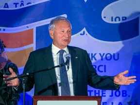 Premier Blaine Higgs addresses supporters after winning the New Brunswick provincial election in Quispamsis, N.B. on Monday, Sept. 14, 2020.