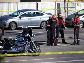 Calgary police investigate at a scene in Falconridge after a pedestrian hit and run and stolen vehicle incident on Thursday, September 24, 2020.