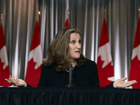 Finance Minister Chrystia Freeland holds a news conference on the second day of the Liberal cabinet retreat in Ottawa on Tuesday, Sept. 15, 2020.