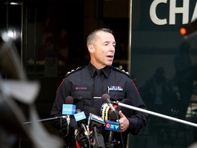 Mark Neufeld, Calgary Police Chief, speaks to reporters after a day of discussion at City Hall on future policing budgets in Calgary. Thursday, September 10, 2020.