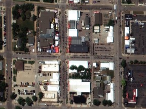 Motorcycles line the main street during the annual Sturgis Motorcycle Rally in Black Hills, Sturgis, South Dakota, U.S., amid the coronavirus disease (COVID-19) outbreak, in this August 8, 2020 satellite image provided by Maxar Technologies.