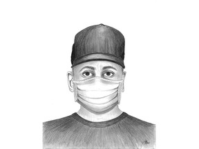 The suspect is described as being in his late 20s to early 30s, between 5'9" to 6' tall, with a slim build. He was wearing a grey hoodie, red baseball cap, white sneakers and a surgical-style mask.