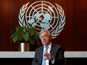 United Nations Secretary-General Antonio Guterres speaks during an interview with Reuters at U.N. headquarters in New York City, New York, U.S., September 14, 2020.