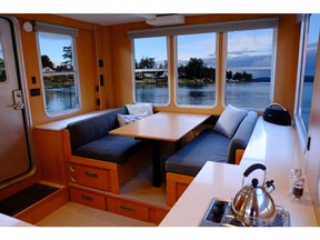 The interior cabin of a SeaSuites houseboat.