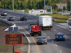 A sign notifies drivers at the Crowchild Trail bridge as the city officially opened the new lanes of the widened bridge on Tuesday, September 22, 2020.